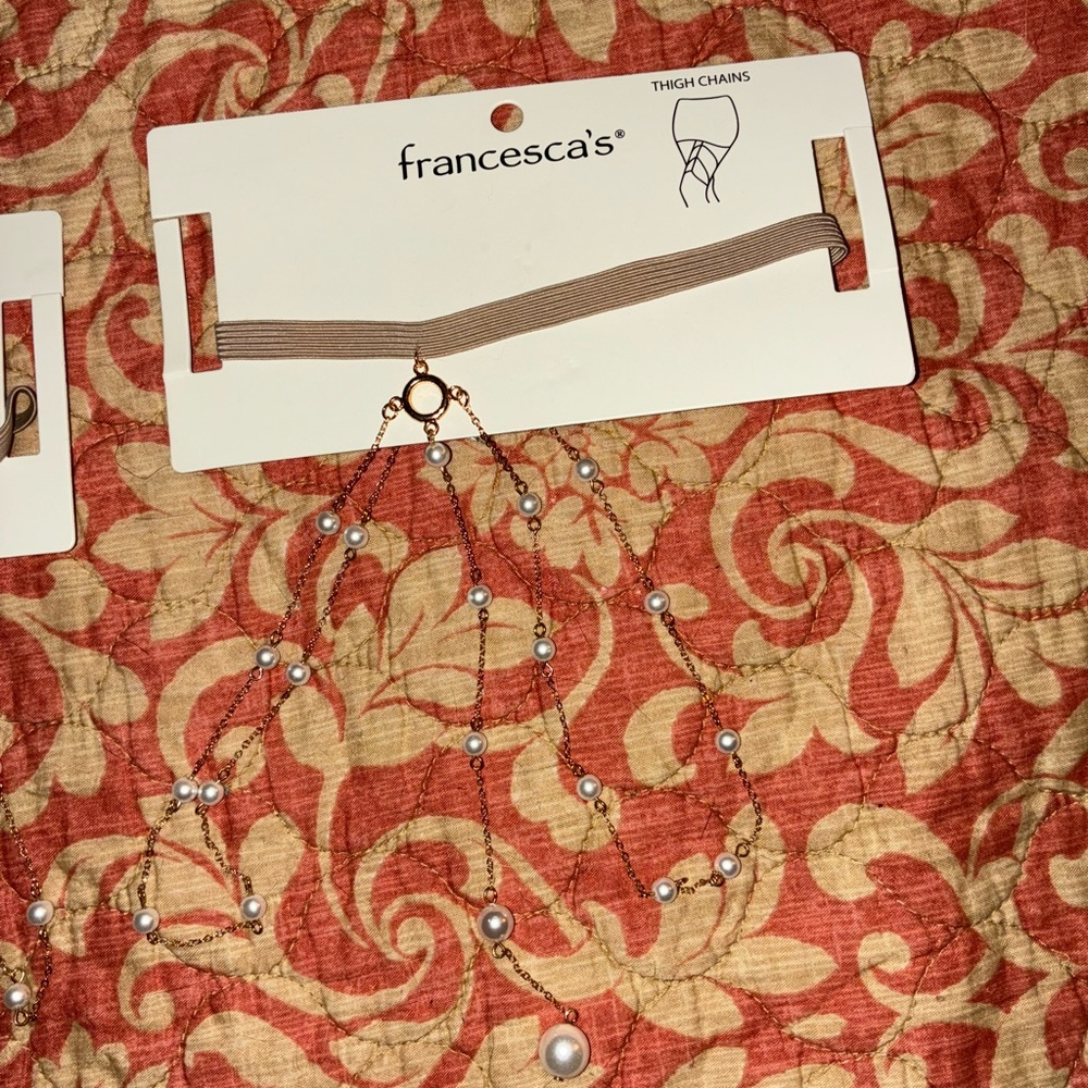Pair of Francesca's Pearl & Rhinestone Thigh Chains - Beige Straps - Picture 4 of 9